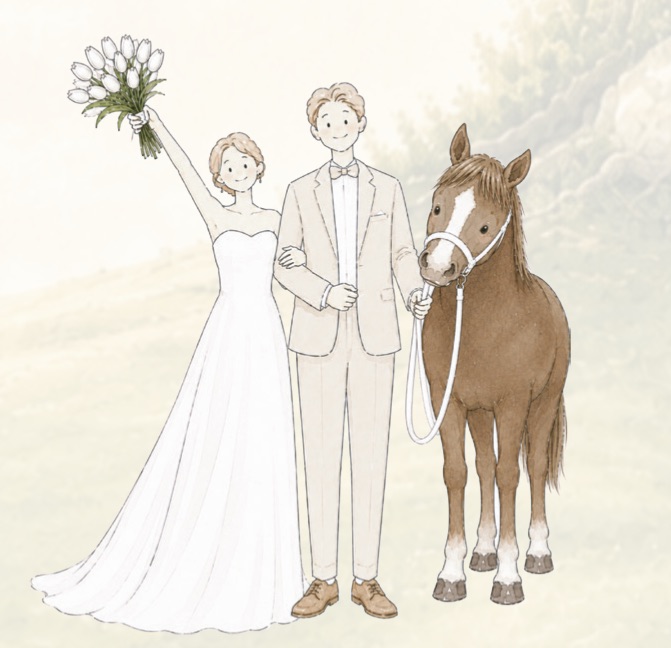 Iván y Romi ilustrados, con el ramo y un caballo